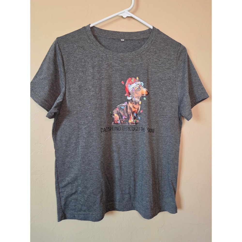 Dachshund Christmas Graphic T-Shirt Gray Women Medium Holiday
